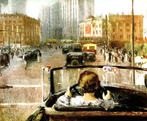 A Ride Through Moscow by Yuri Ivanovich Pimenov (1903-1977).