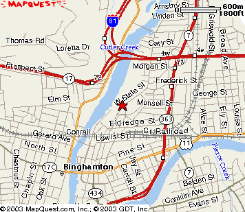 Map locating the Showplace at the Binghamton Plaza, 33 West State St, Binghamton, NY.